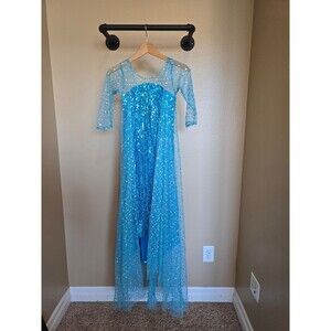 Elsa style‎ long blue Sequined dress with rhinestone neckline Size 130 ( 10/11)